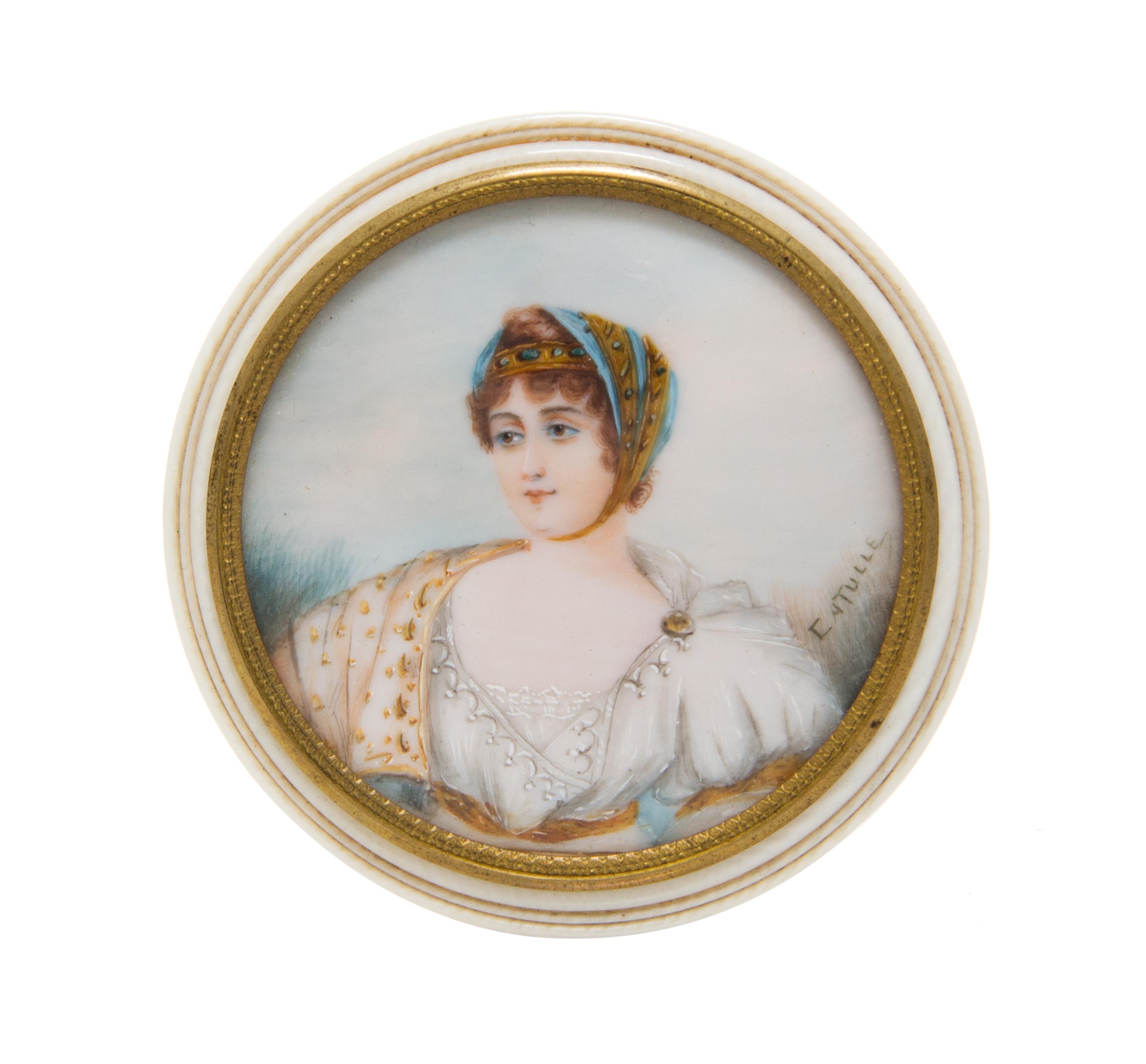 A French Portrait Miniature Inset Box, 19th Century, of circular form, the lid inset with a portrait depicting a lady.