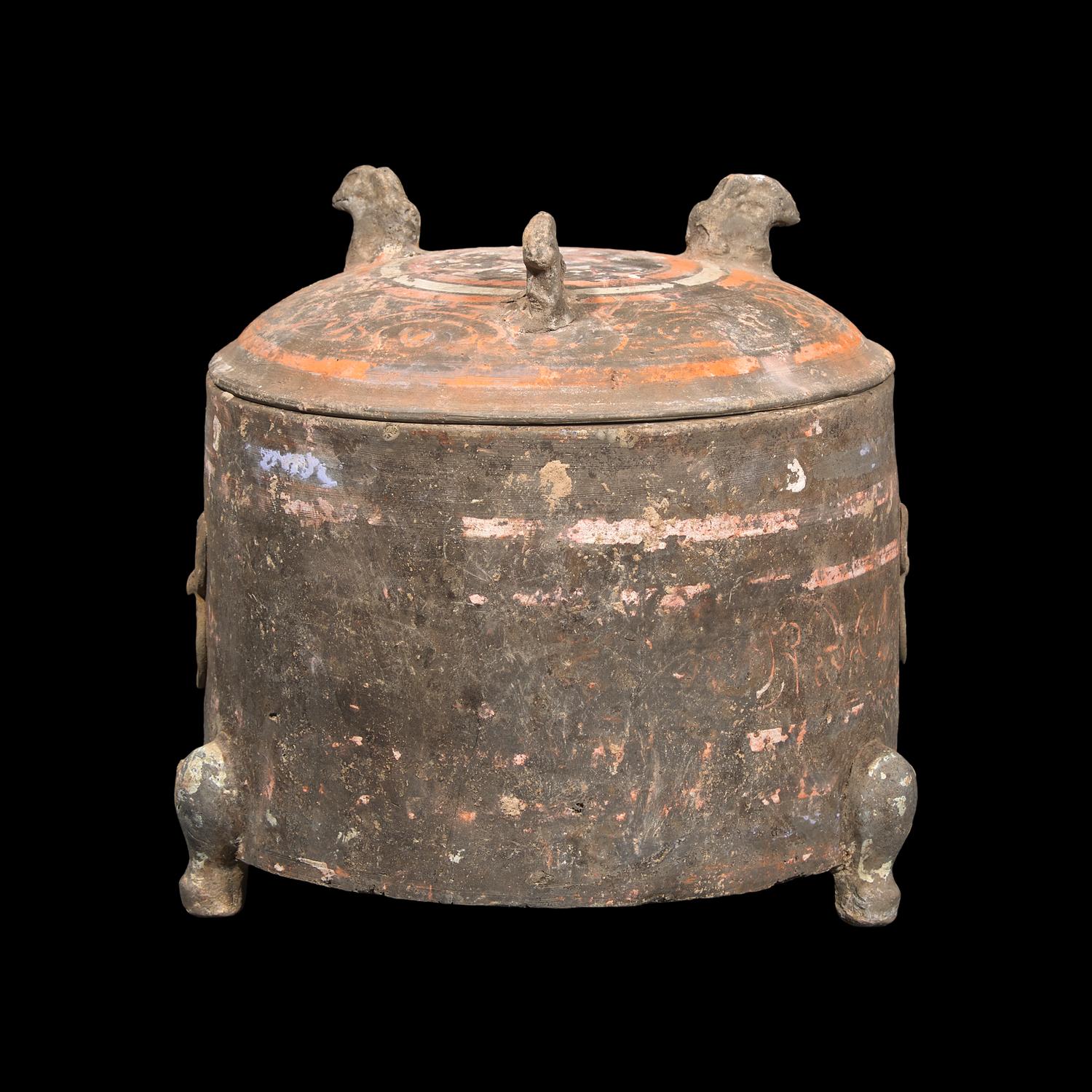 A Chinese Painted Grey Pottery Covered Vessel and Cover, Lian, Han Dynasty 漢 灰陶彩繪三足匲