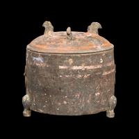 A Chinese Painted Grey Pottery Covered Vessel and Cover, Lian, Han Dynasty 漢 灰陶彩繪三足匲