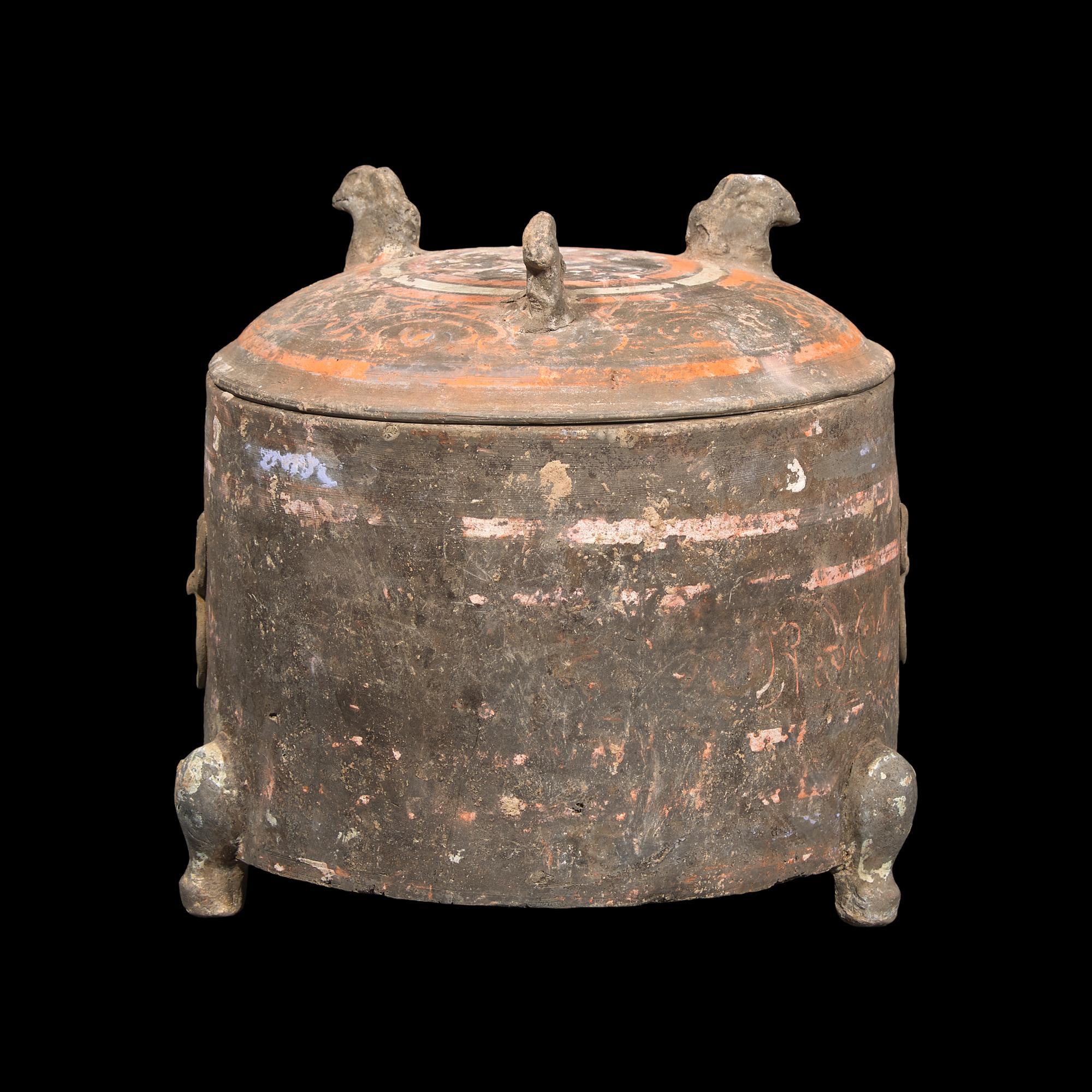 A Chinese Painted Grey Pottery Covered Vessel and Cover, Lian, Han Dynasty 漢 灰陶彩繪三足匲