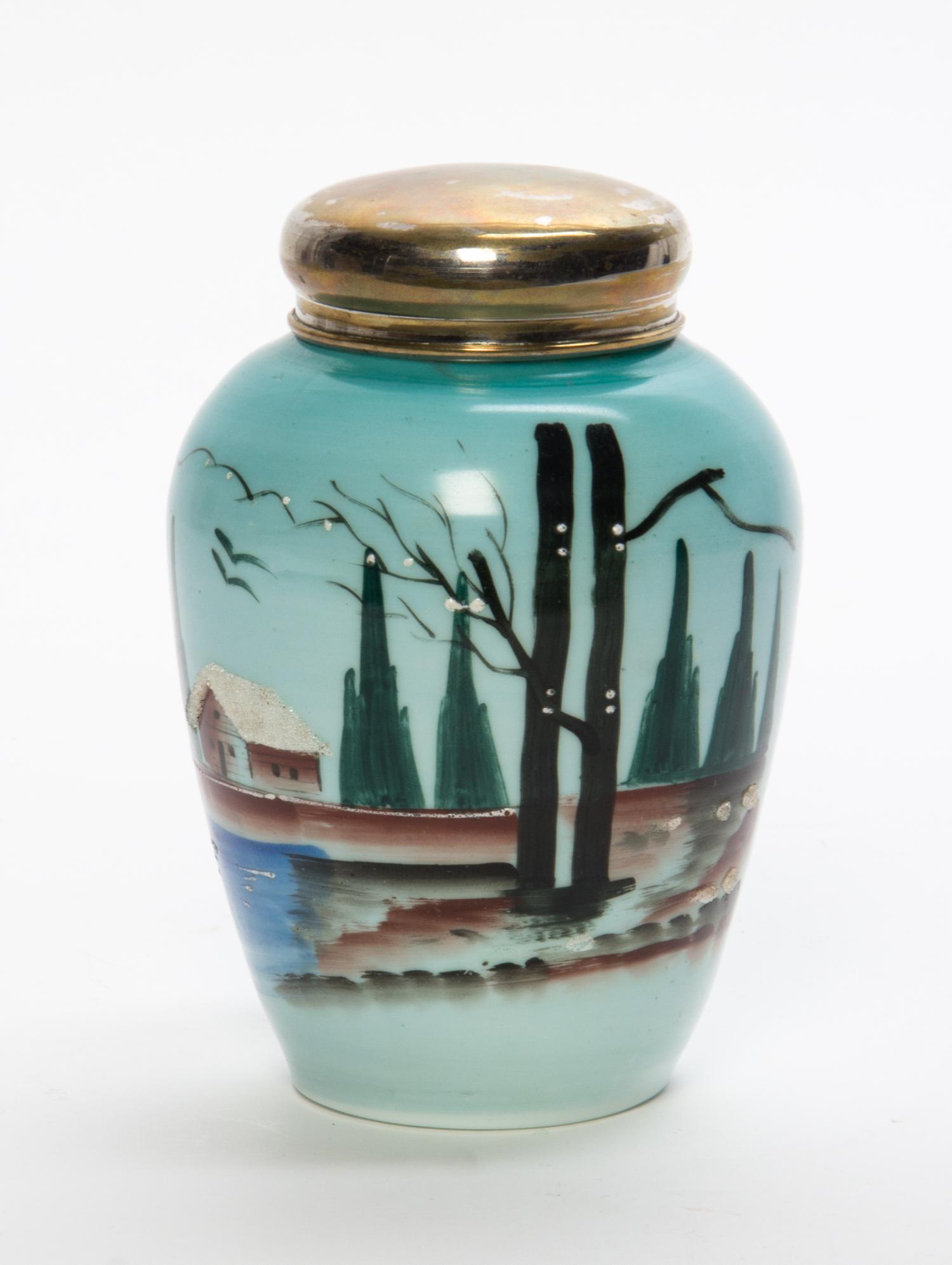 A Painted Milk Glass Container Height 6 1/2 inches.