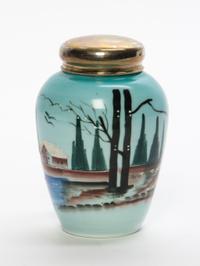 A Painted Milk Glass Container Height 6 1/2 inches.
