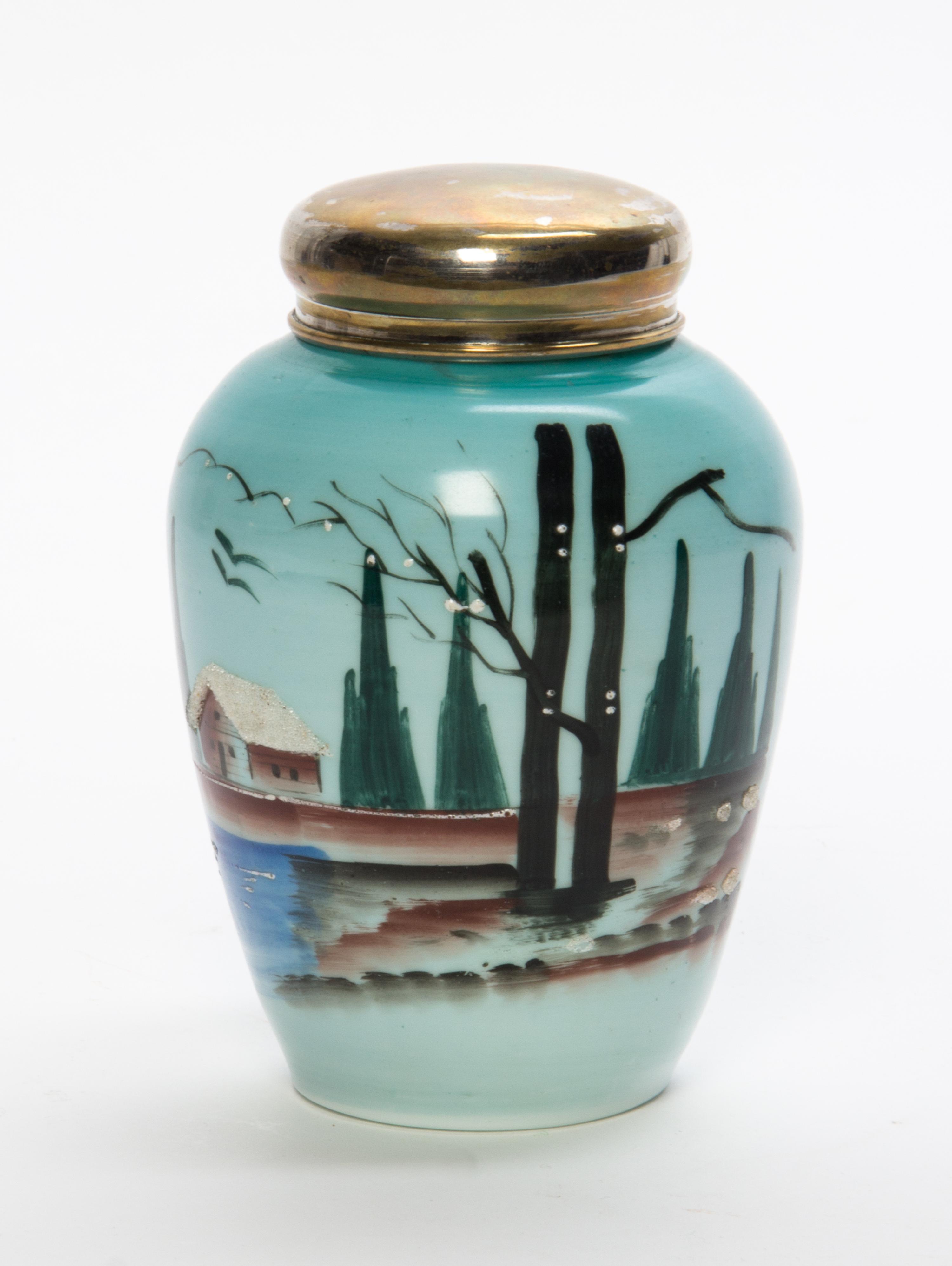 A Painted Milk Glass Container Height 6 1/2 inches.