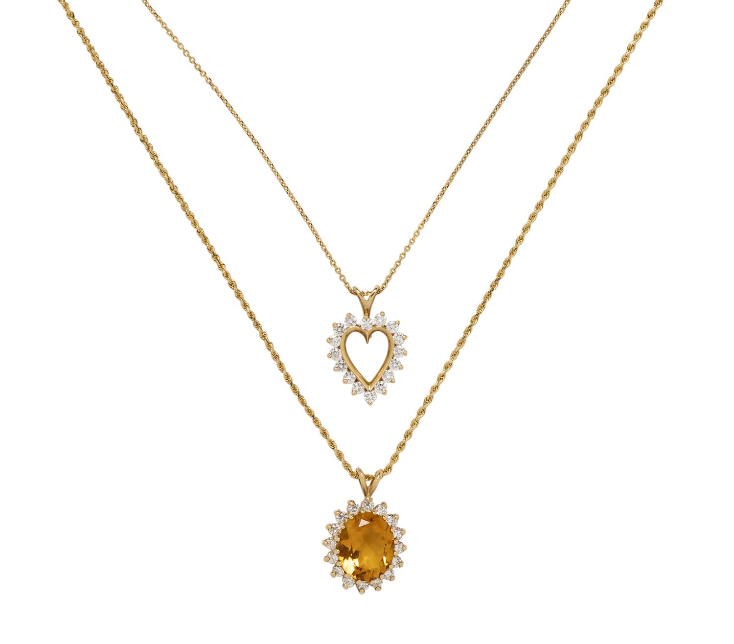 COLLECTION OF YELLOW GOLD, DIAMOND AND CITRINE PENDANTS/NECKLACES