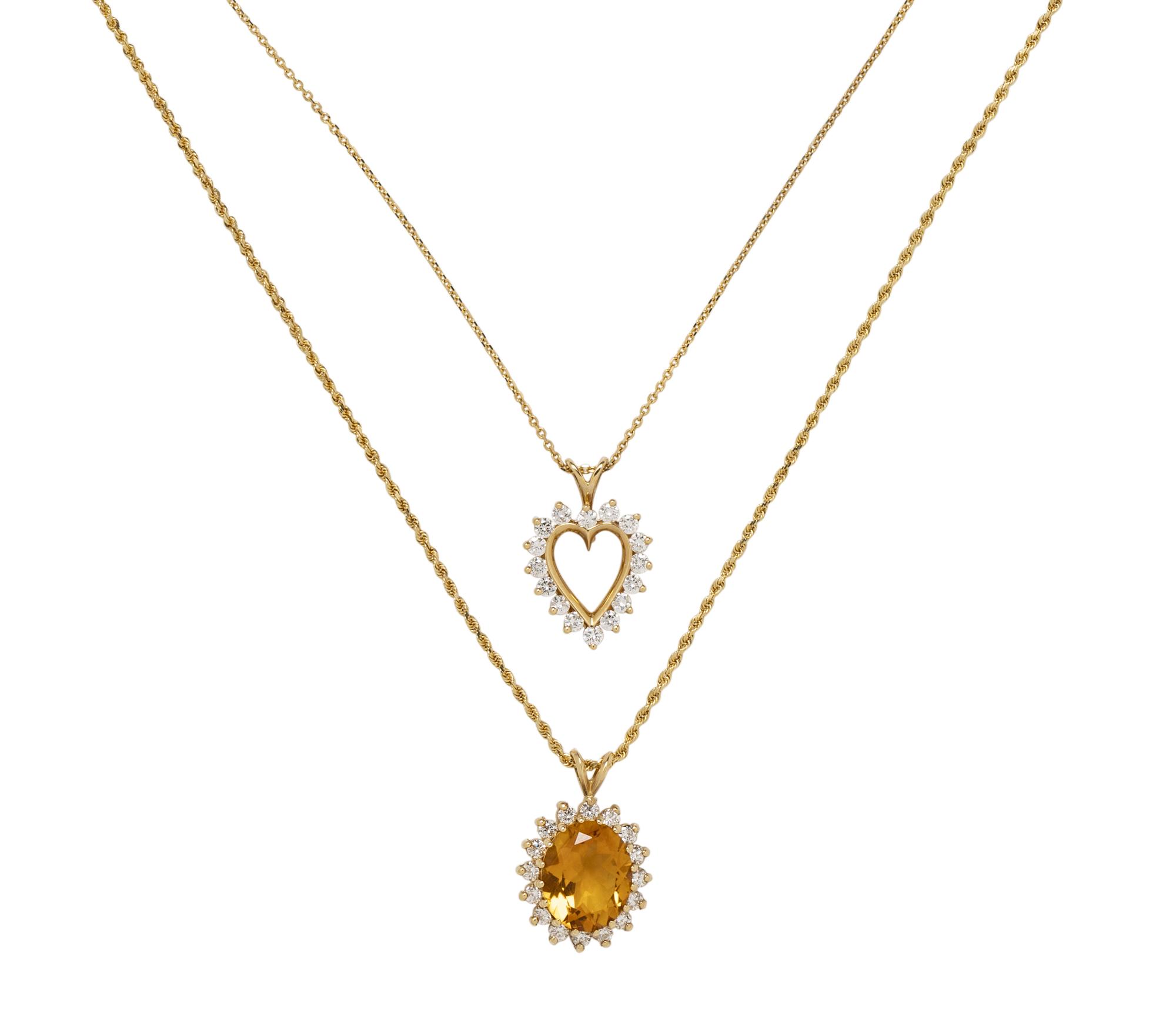 COLLECTION OF YELLOW GOLD, DIAMOND AND CITRINE PENDANTS/NECKLACES