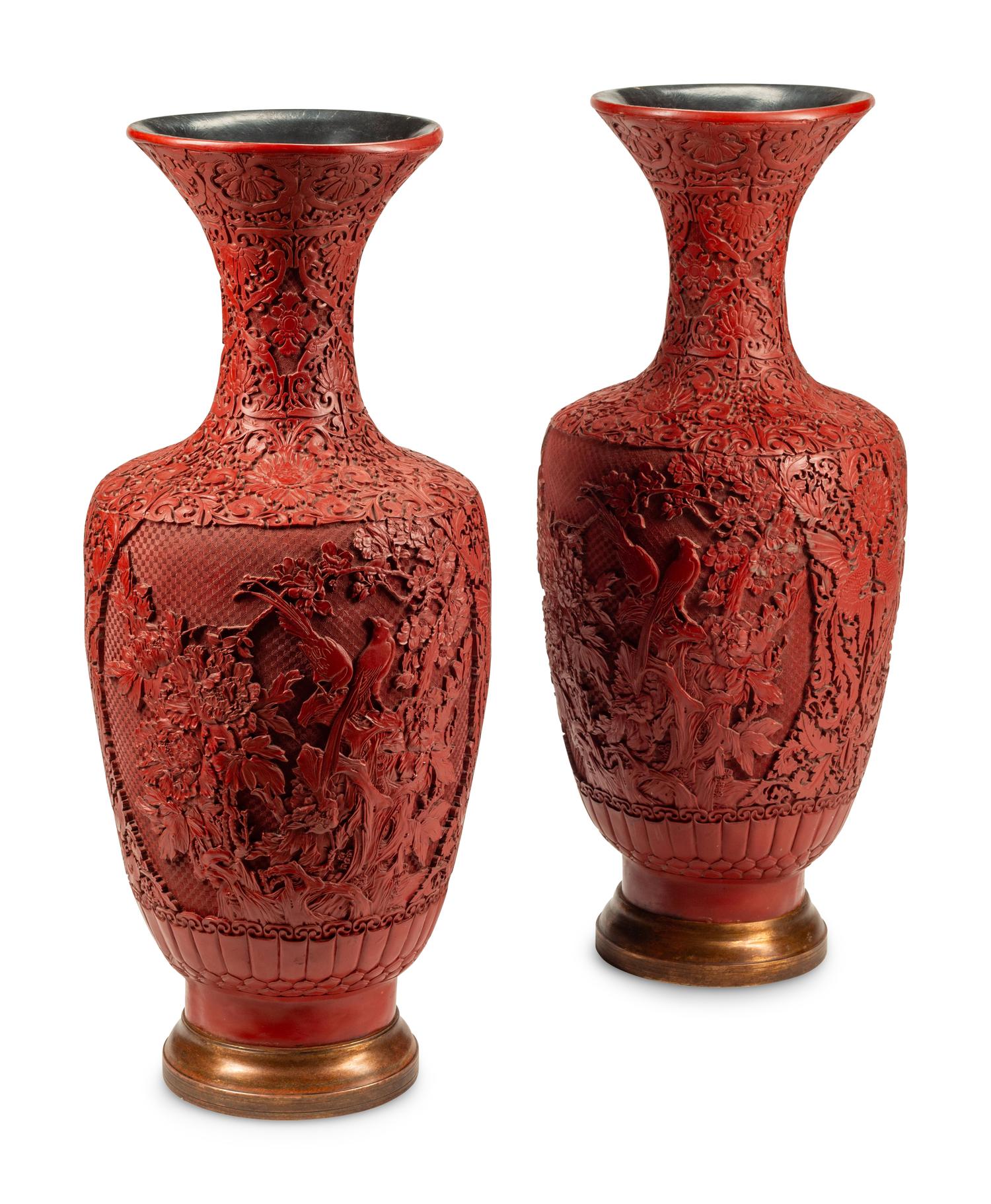 A Pair of Large Chinese Carved Red Lacquer Vases