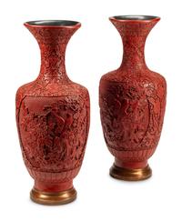 A Pair of Large Chinese Carved Red Lacquer Vases