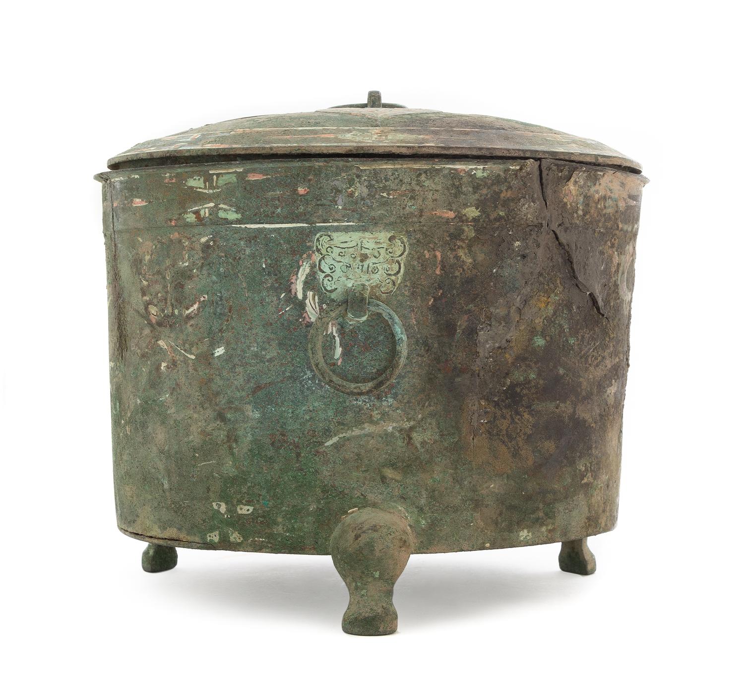 A Chinese Painted Bronze Tripod Vessel, Lian Height 8 1/2 inches. — HAN DYNASTY (206 B.C. - A.D. 220)