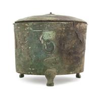 A Chinese Painted Bronze Tripod Vessel, Lian Height 8 1/2 inches. — HAN DYNASTY (206 B.C. - A.D. 220)