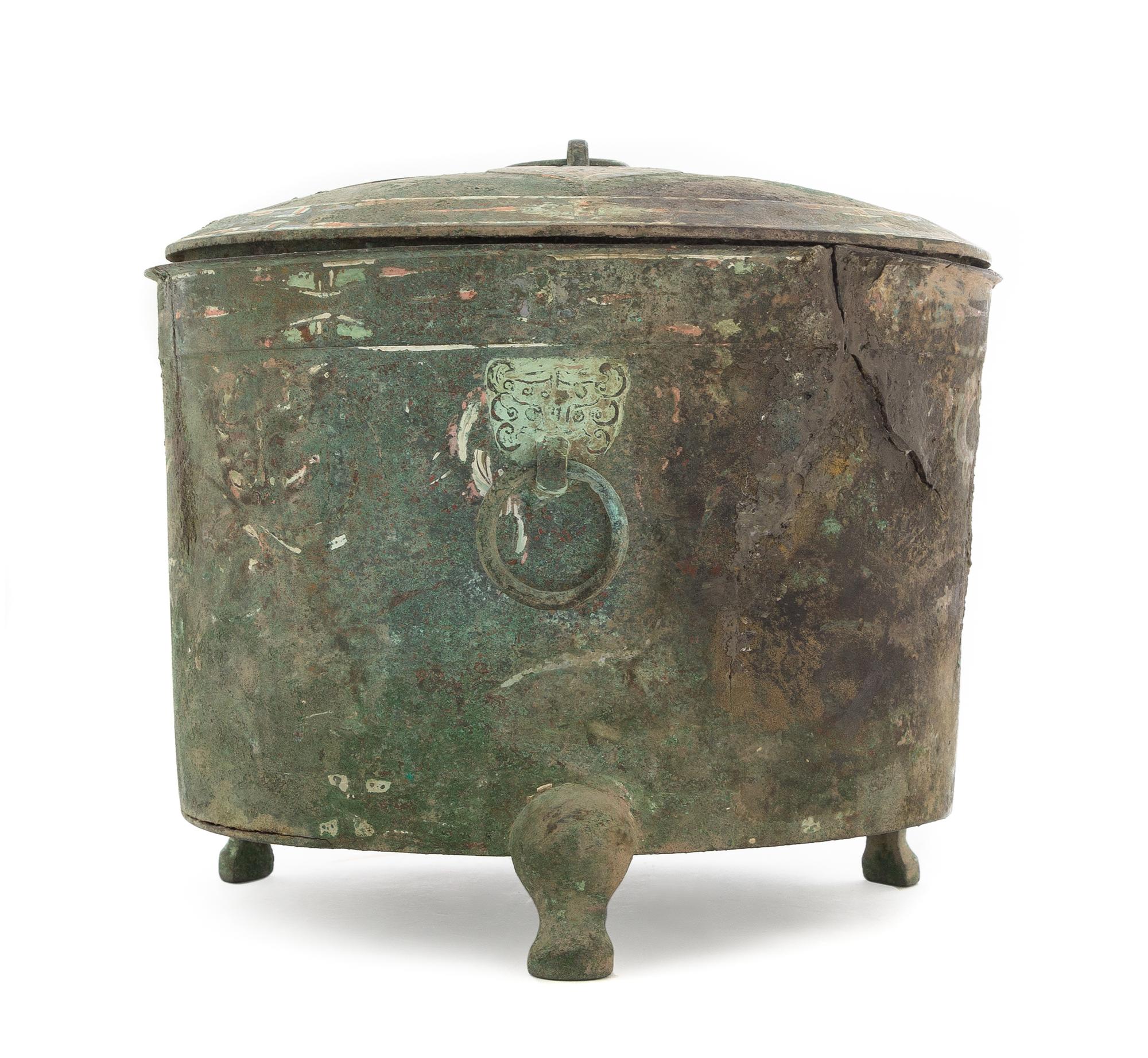A Chinese Painted Bronze Tripod Vessel, Lian Height 8 1/2 inches. — HAN DYNASTY (206 B.C. - A.D. 220)