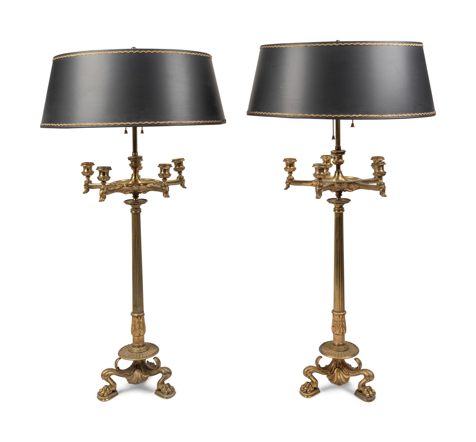 A Pair of Neoclassical Gilt Bronze Six-Light Candelabra Mounted as Lamps