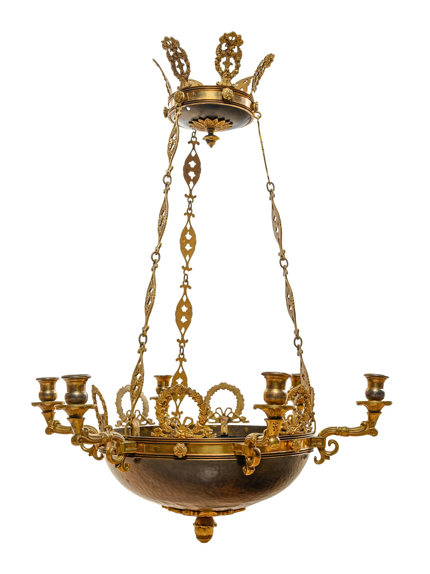 An Empire Style Gilt Bronze and Tôle Six-Light Chandelier