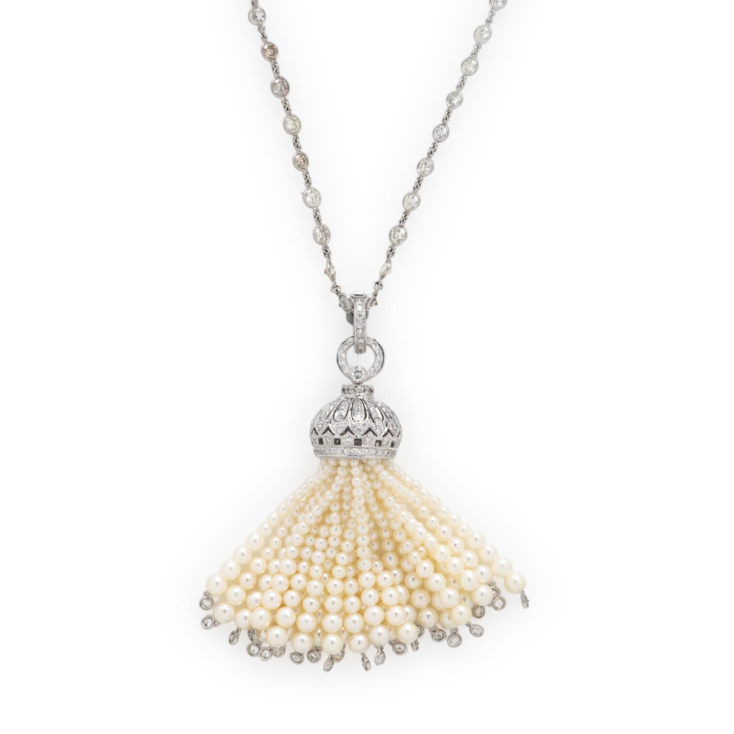 Diamond and Seed Pearl Tassel Necklace