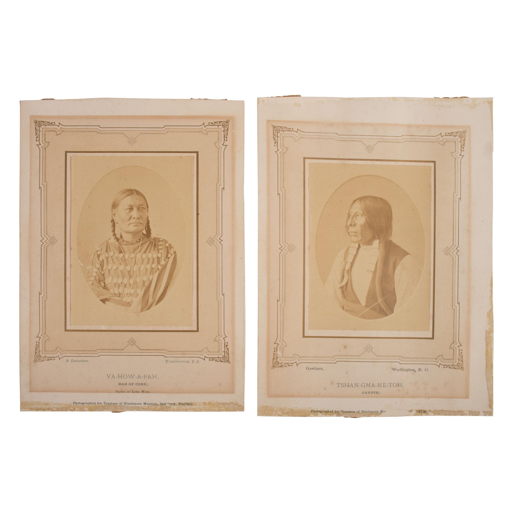 Alexander Gardner (Scottish-American, 1821-1882) — Portraits of Cayote AND Ear of Corn, Lone Wolf's Wife ca 1870