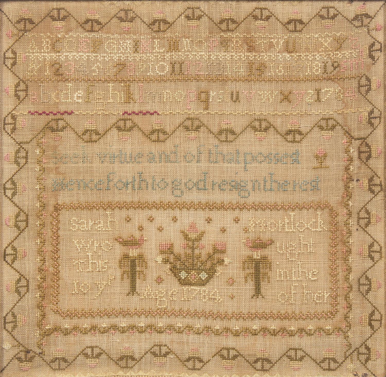 A Needlework Sampler and a Needlepoint Picture of a Hound