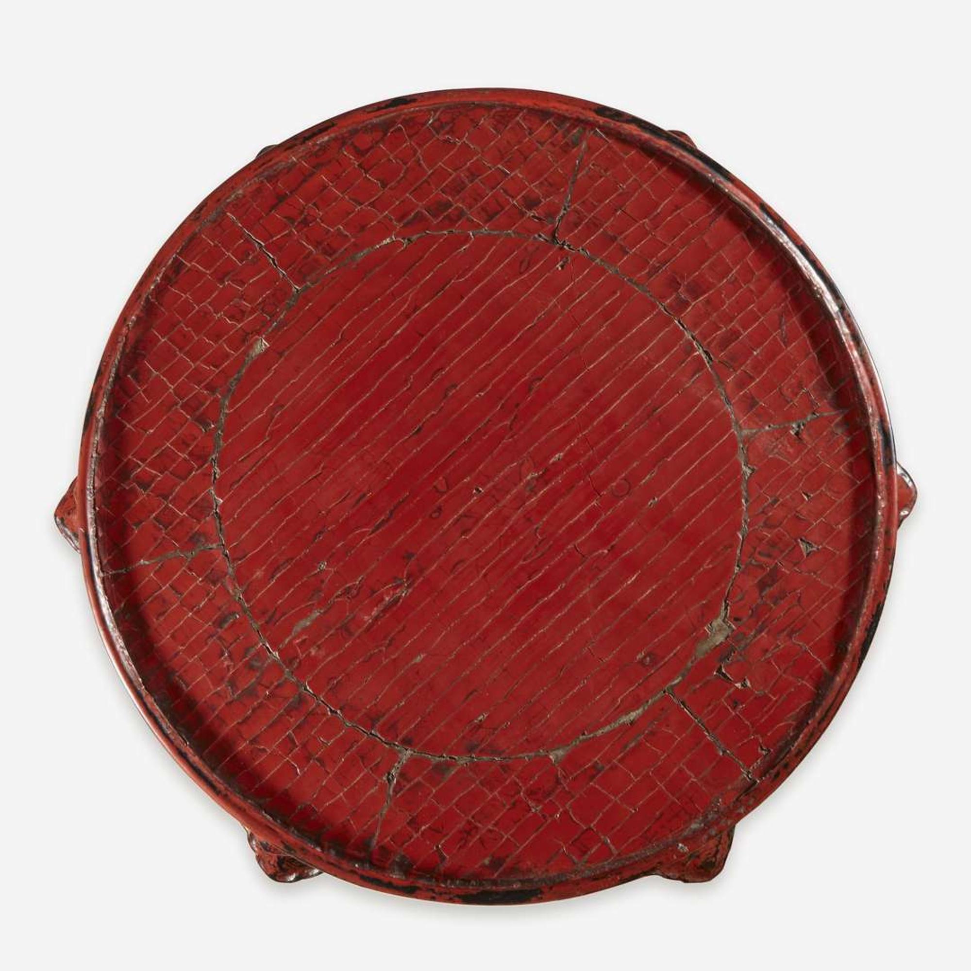 A Chinese or Japanese red lacquered Ming-style hexagonal incense stand