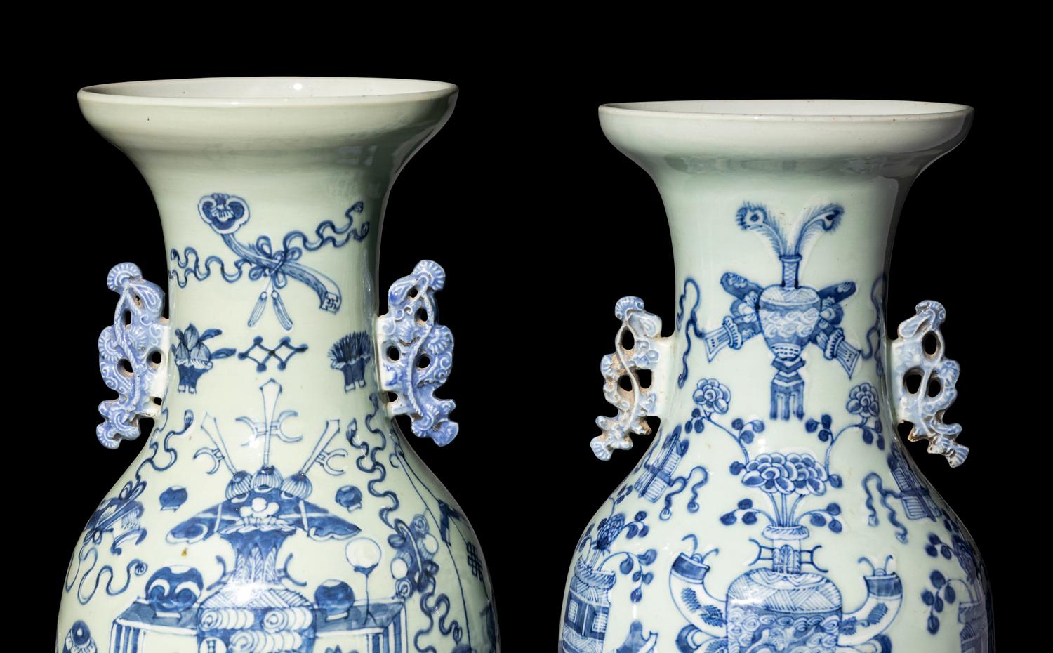 A Pair of Chinese Celadon Ground Blue and White Porcelain Vases