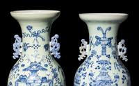 A Pair of Chinese Celadon Ground Blue and White Porcelain Vases