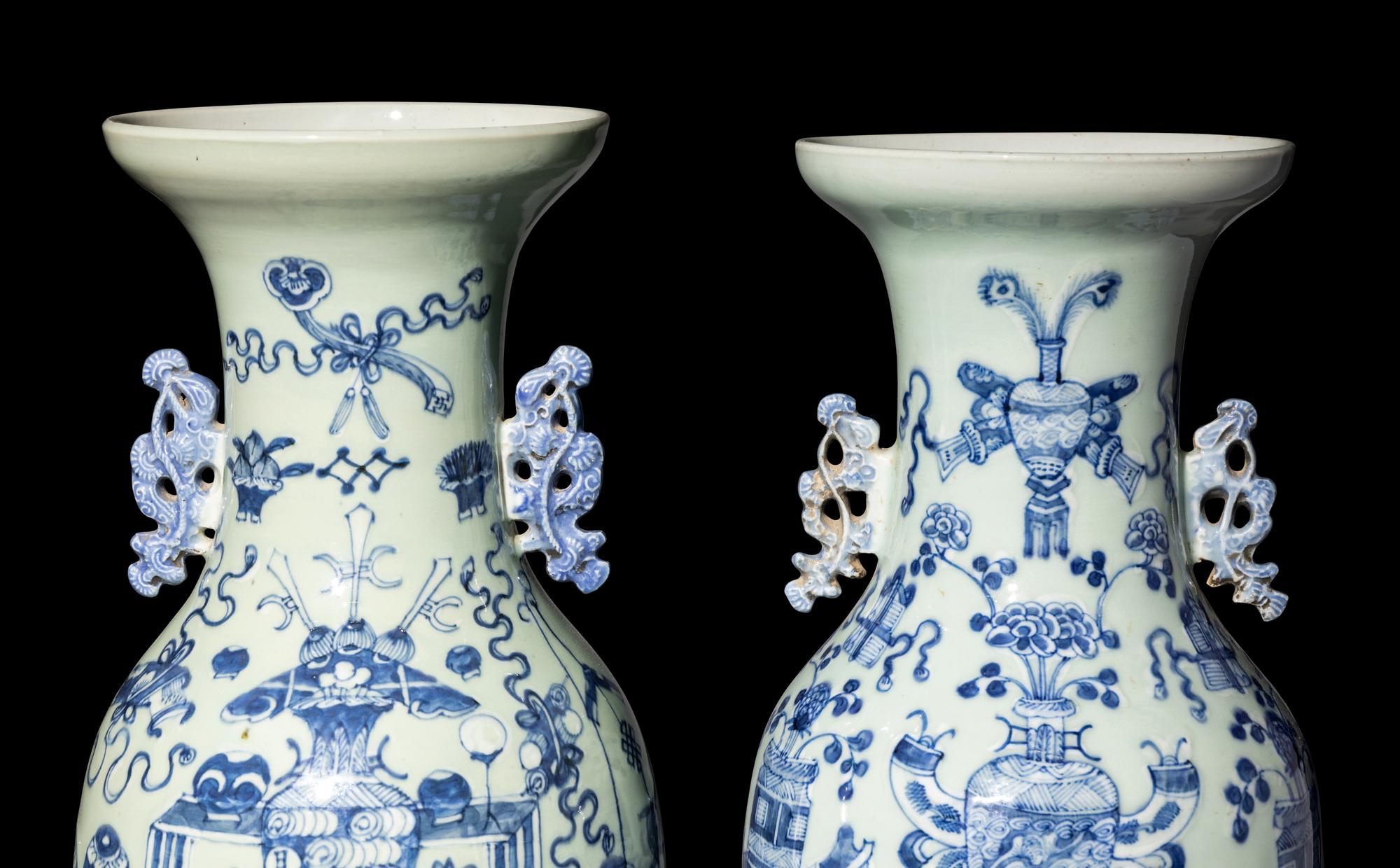 A Pair of Chinese Celadon Ground Blue and White Porcelain Vases