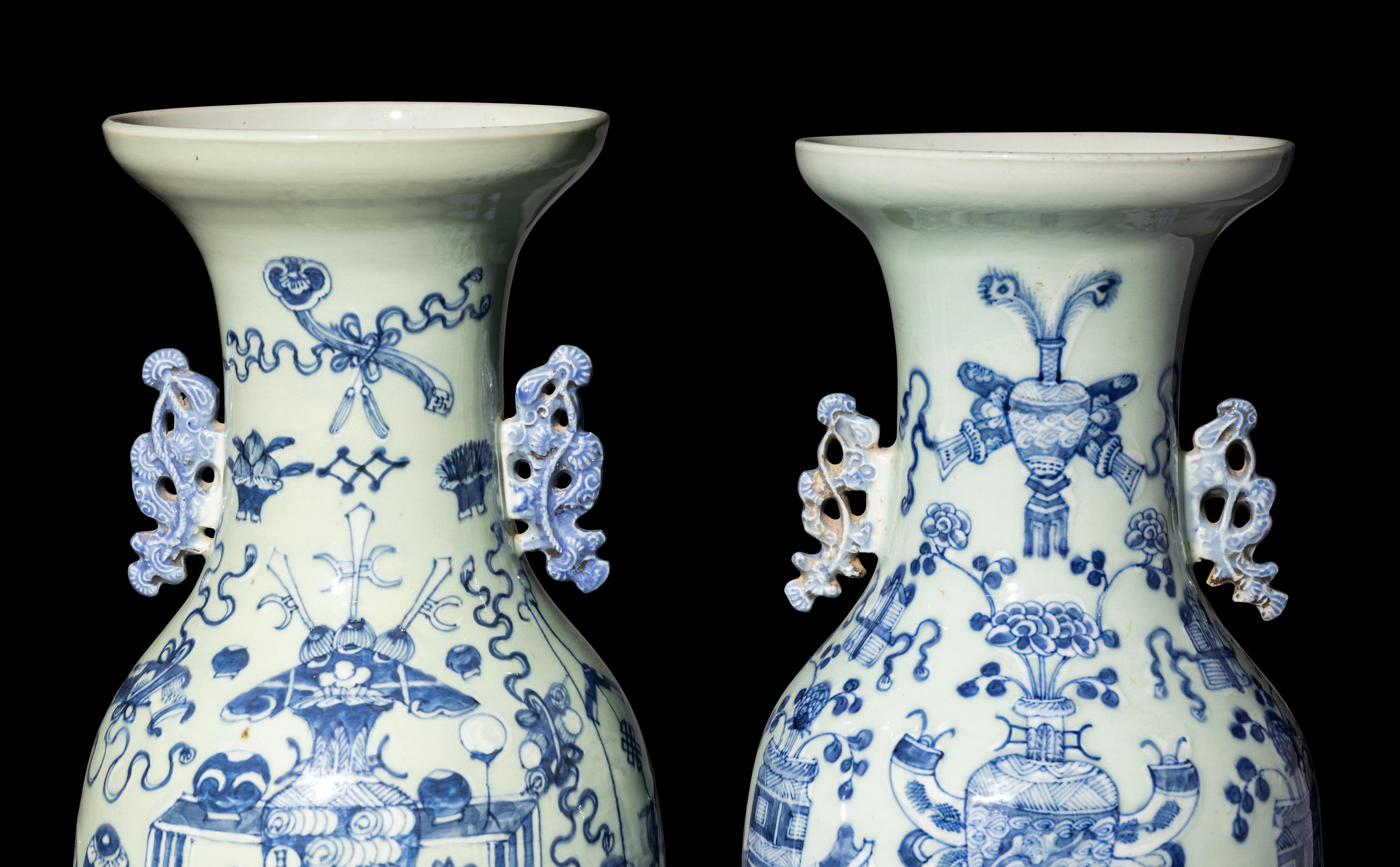 A Pair of Chinese Celadon Ground Blue and White Porcelain Vases