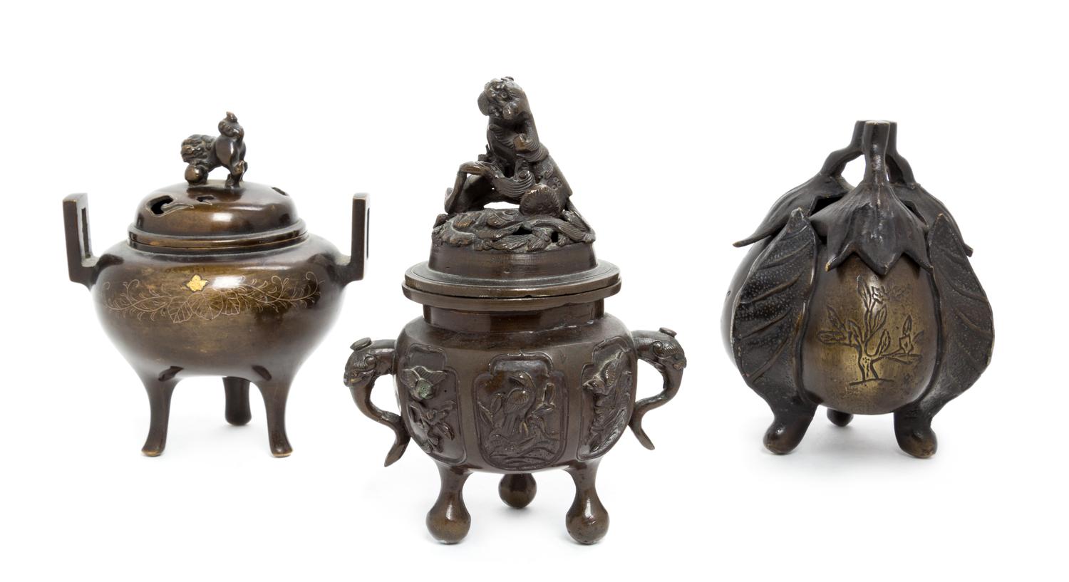 Three Japanese Bronze Incense Burners Height of largest 6 1/4 inches. — 19TH CENTURY