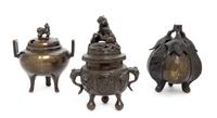 Three Japanese Bronze Incense Burners Height of largest 6 1/4 inches. — 19TH CENTURY