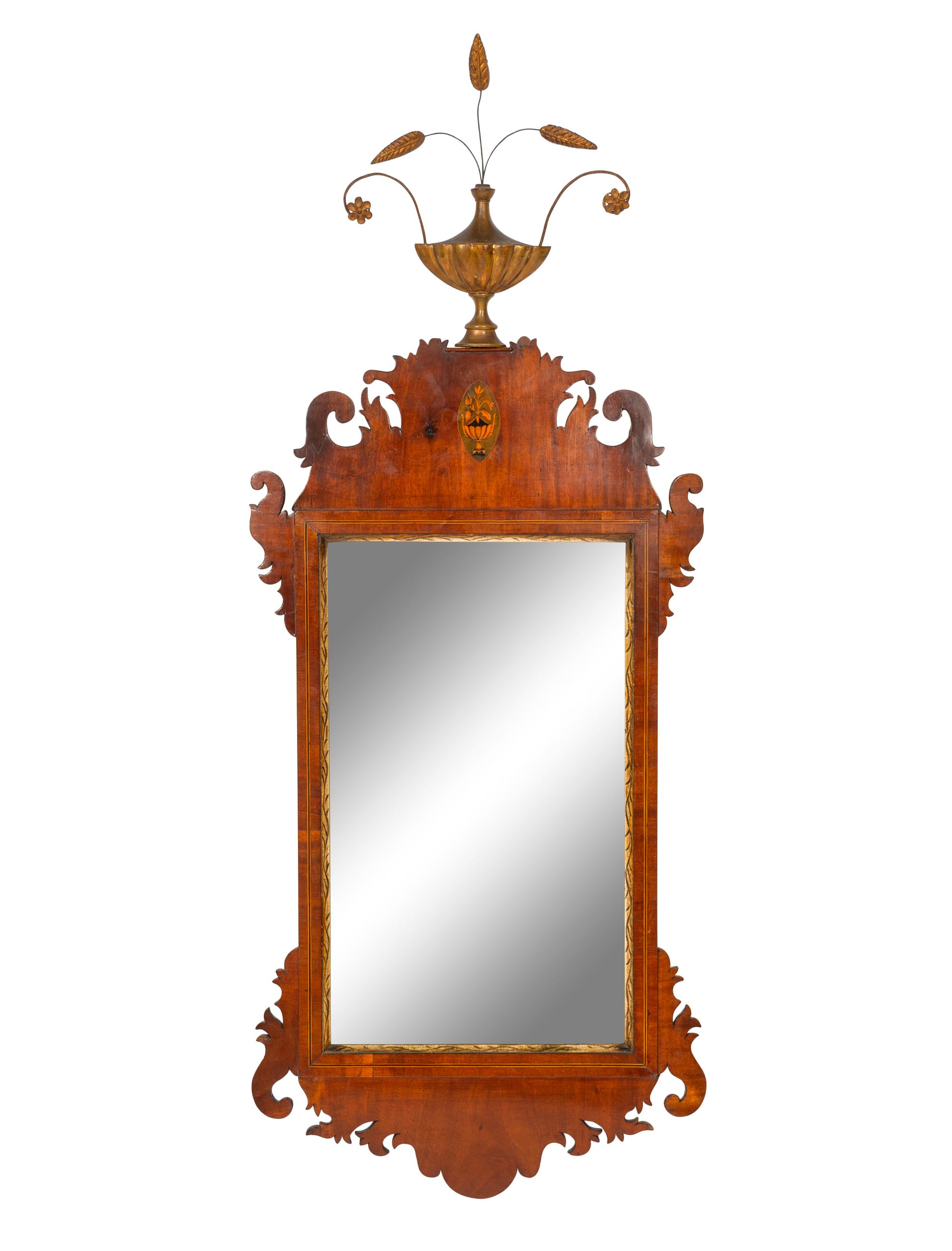 A Federal Parcel-Gilt Mahogany and Marquetry Looking Glass