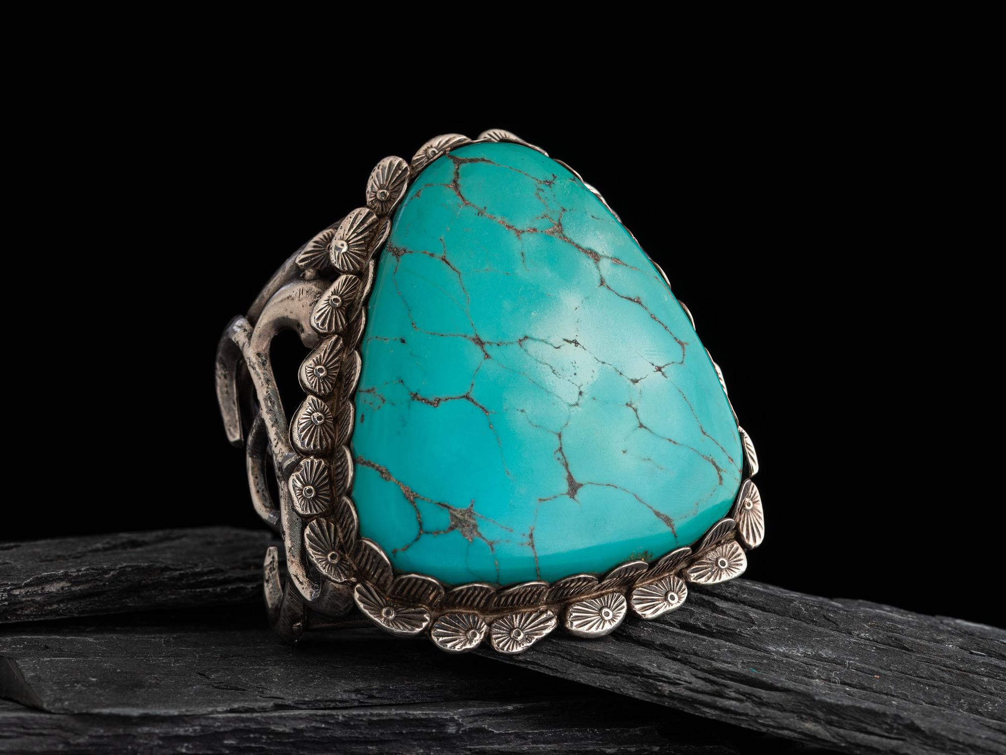 Large Sandcast Silver and Turquoise Cuff Bracelet