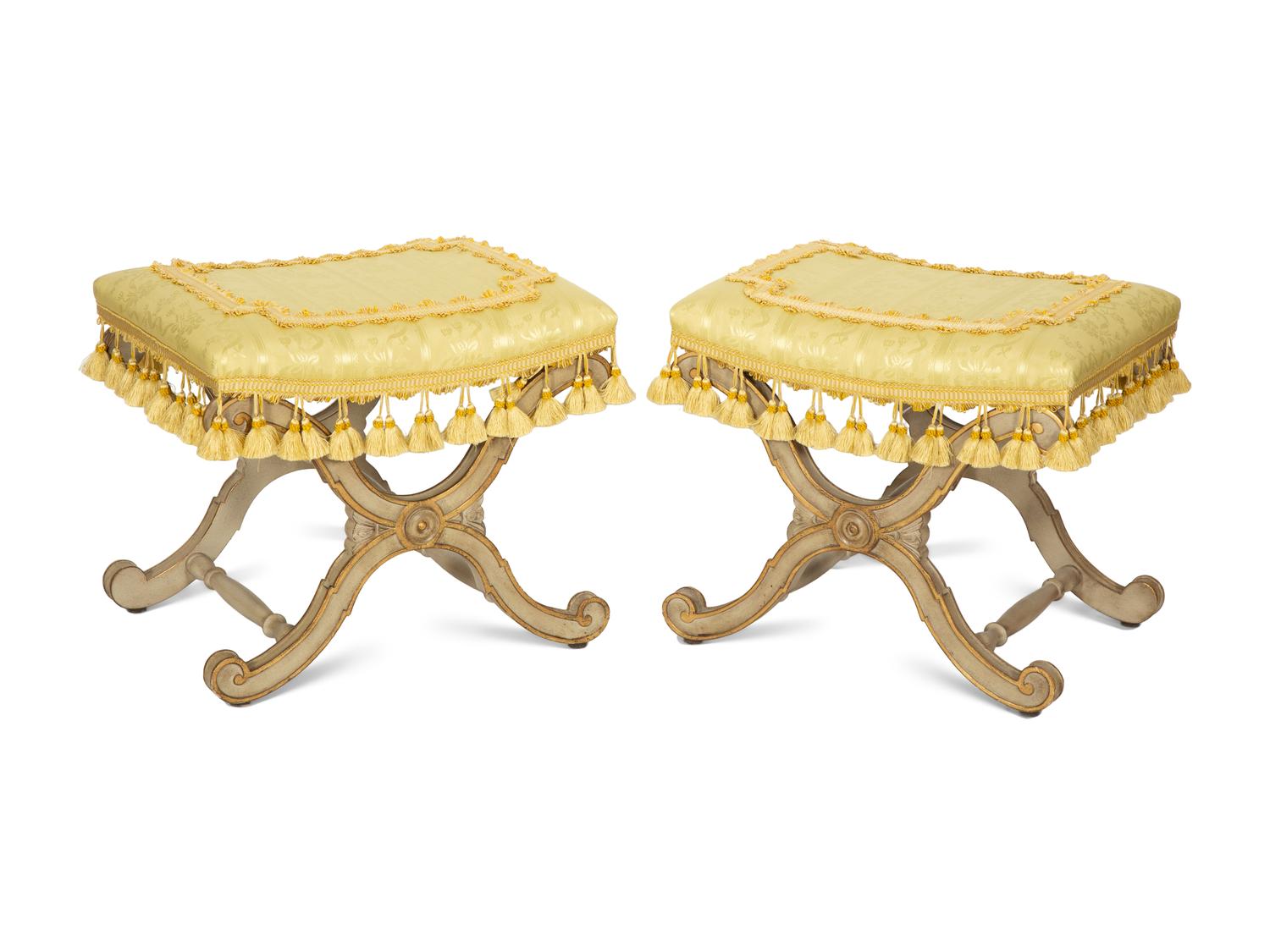 A Pair of Italian Gray-Painted and Parcel Gilt Stools