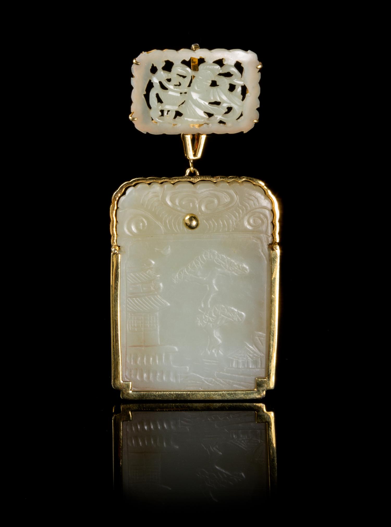 A Chinese Gold Mounted Jade Plaque 18TH/19TH CENTURY Height of larger plaque 2 1/4 inches. — 18TH/19TH CENTURY