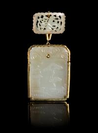 A Chinese Gold Mounted Jade Plaque 18TH/19TH CENTURY Height of larger plaque 2 1/4 inches. — 18TH/19TH CENTURY