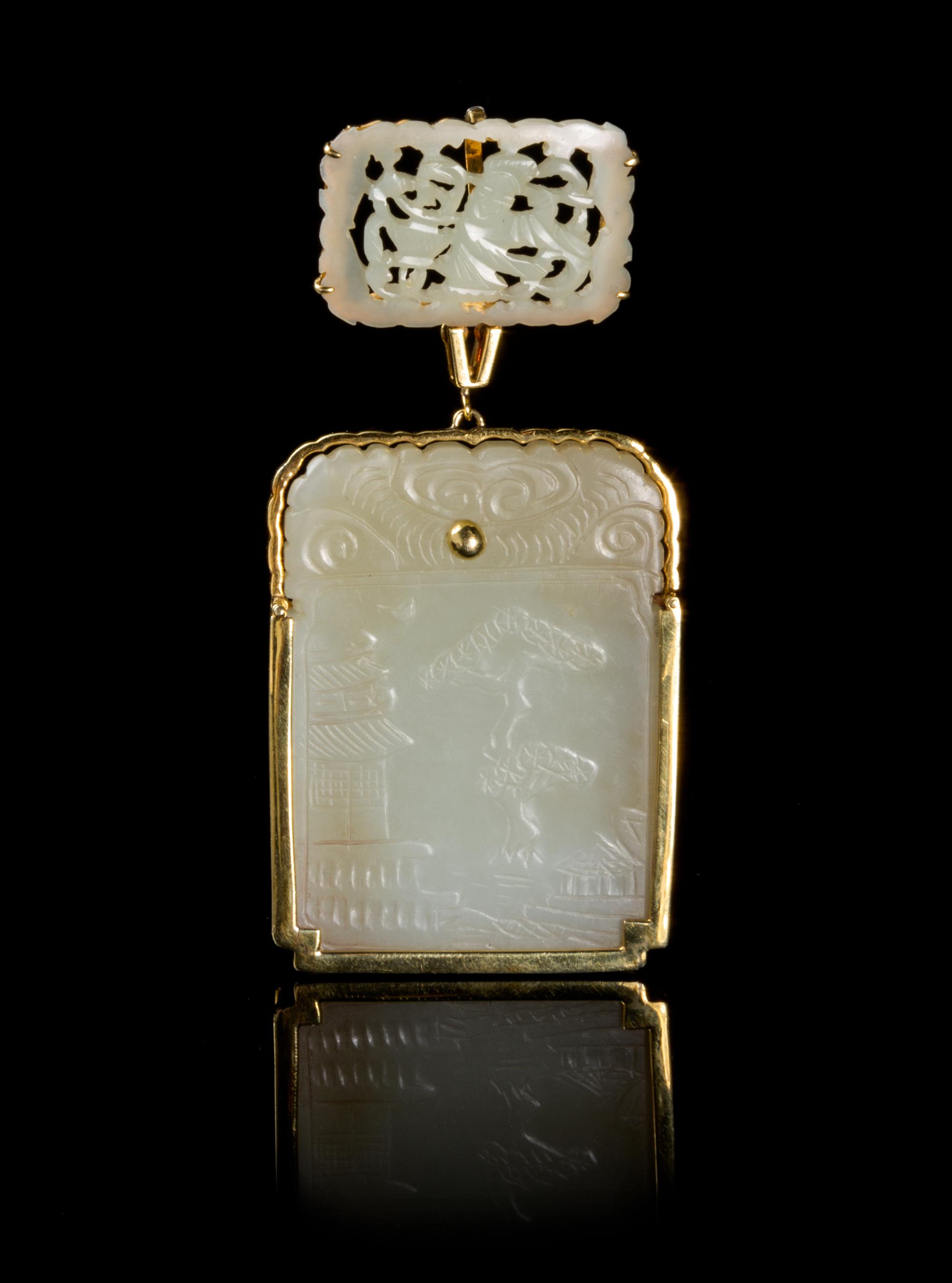 A Chinese Gold Mounted Jade Plaque 18TH/19TH CENTURY Height of larger plaque 2 1/4 inches. — 18TH/19TH CENTURY