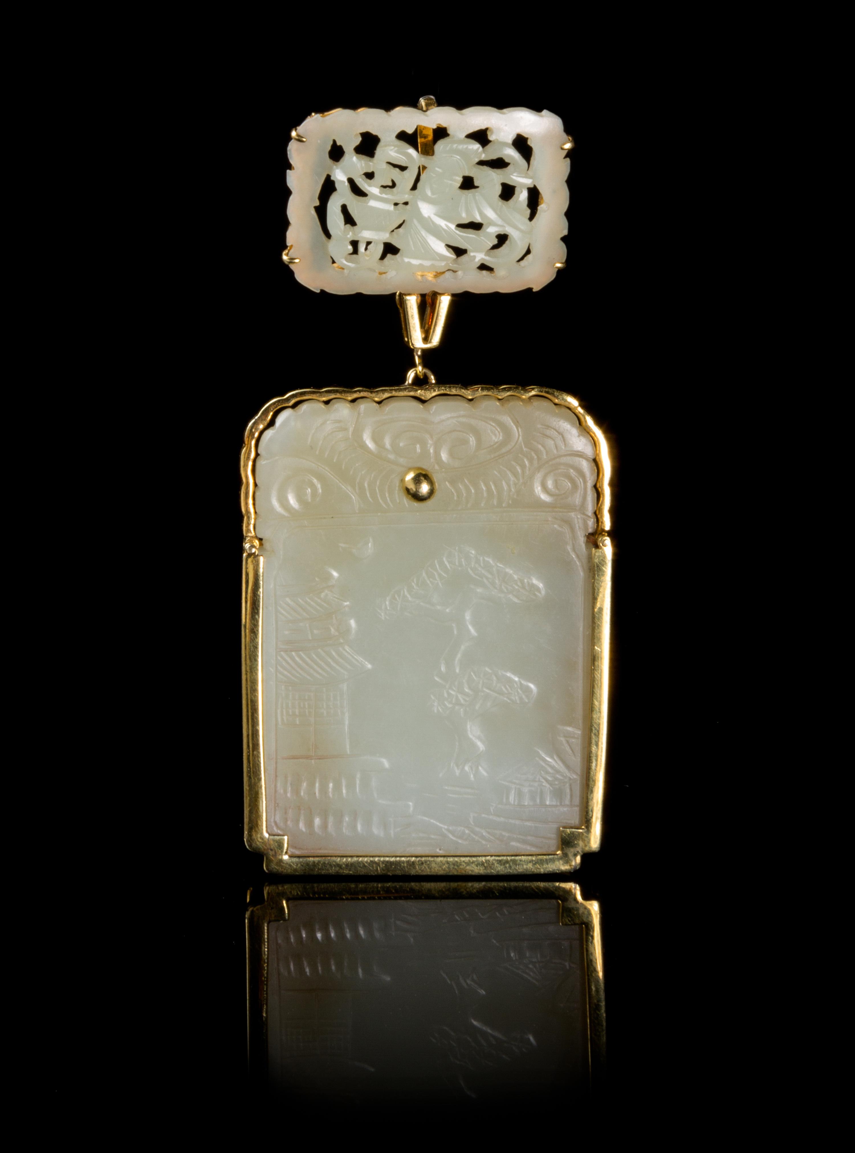 A Chinese Gold Mounted Jade Plaque 18TH/19TH CENTURY Height of larger plaque 2 1/4 inches. — 18TH/19TH CENTURY