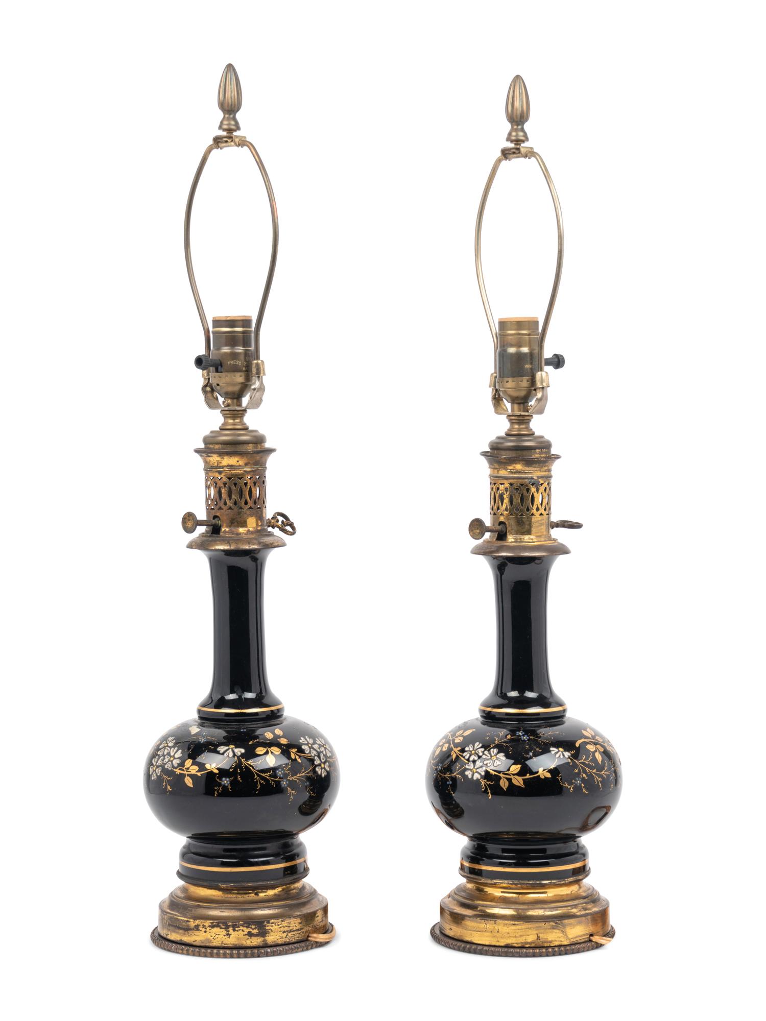 A Pair of French Enameled Glass Fluid Lamps Converted to Electricity
