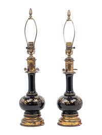 A Pair of French Enameled Glass Fluid Lamps Converted to Electricity