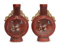 A Pair of Large Chinese Red Lacquer Bottle-Form and Hardstone Applique Vases