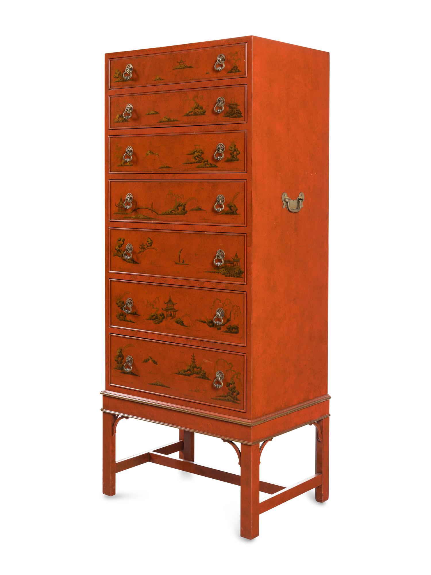 A Beacon Hill Old Colony Red-Japanned Tall Chest of Drawers