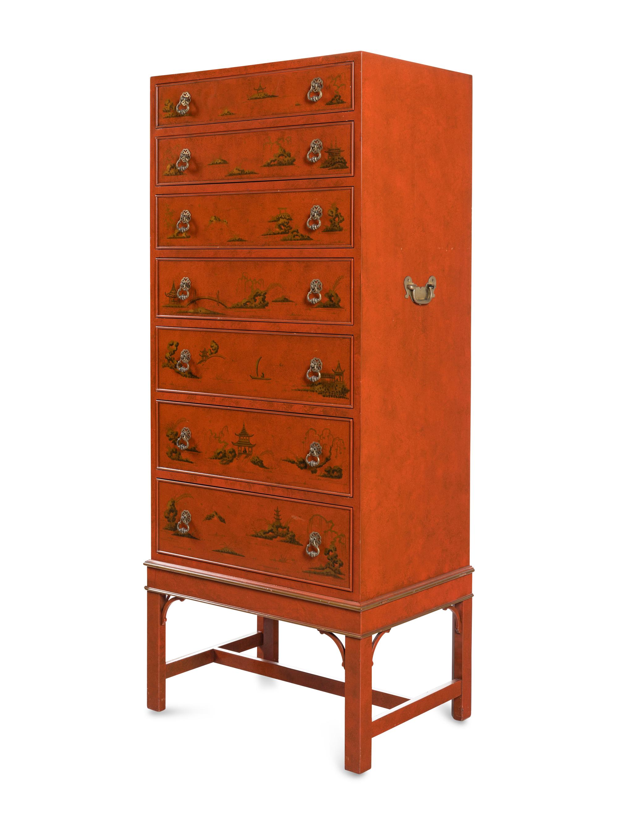 A Beacon Hill Old Colony Red-Japanned Tall Chest of Drawers