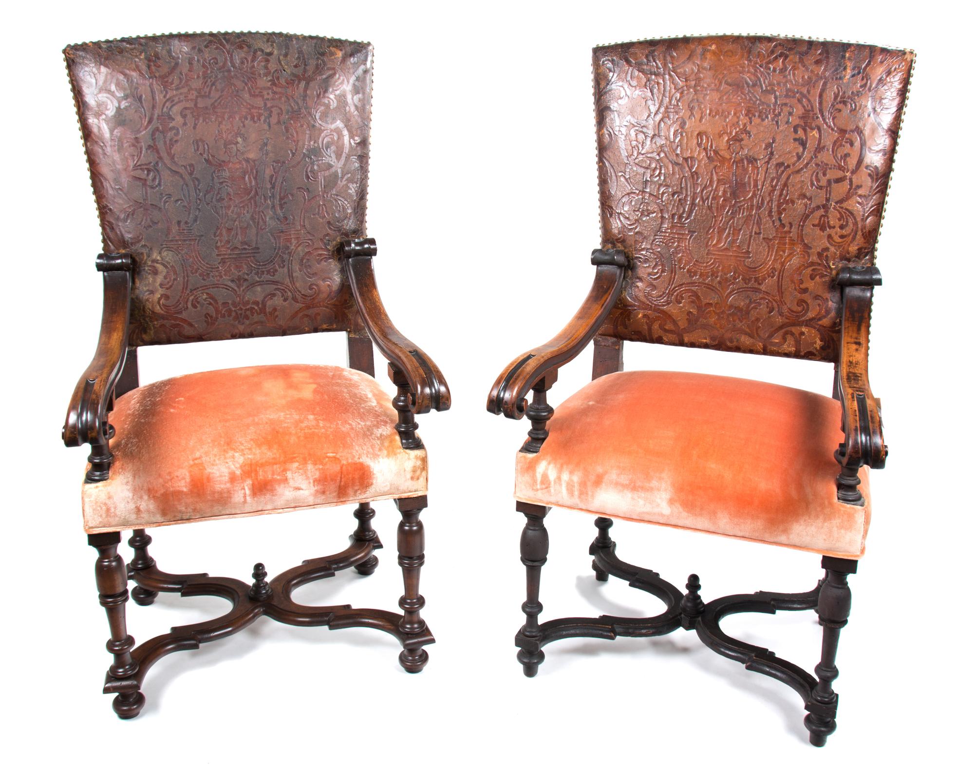 A Pair of Renaissance Revival Style Mahogany Open Armchairs Height 50 x width 25 x depth 24 inches. — 20TH CENTURY