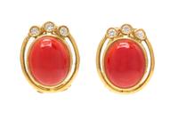 A Pair of 18 Karat Yellow Gold, Coral and Diamond Earclips, 6.50 dwts.