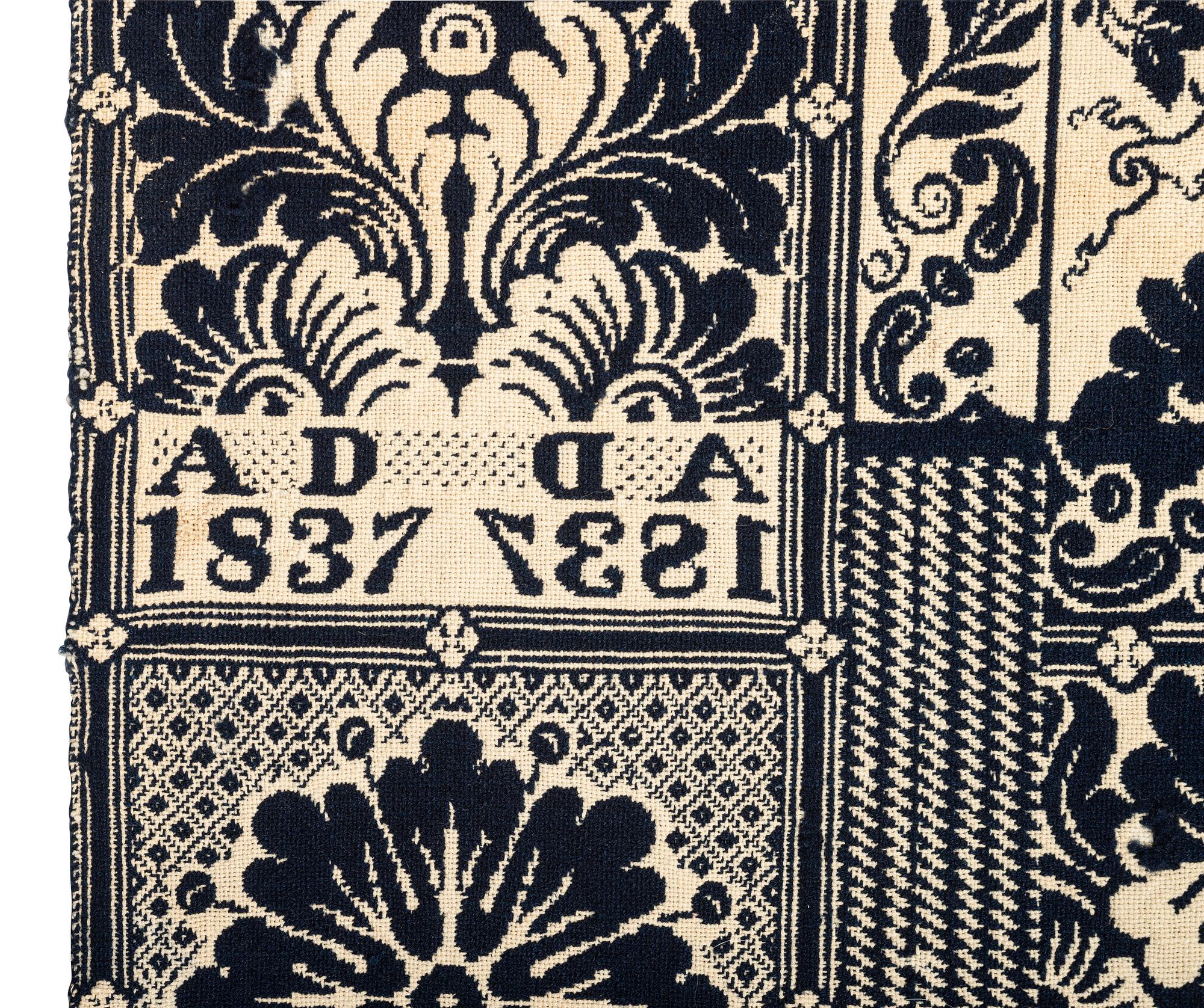 A Blue and White Jacquard Woven Liberty Coverlet