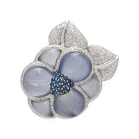 CHALCEDONY, DIAMOND AND SAPPHIRE FLOWER BROOCH