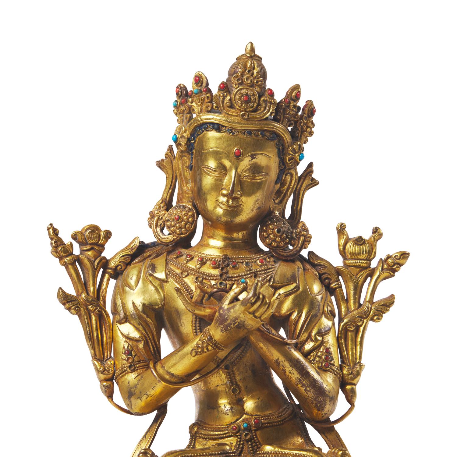 A Sino-Tibetan Gilt Bronze Figure of Avalokiteshvara, 19th/20th Century 十九/二十世紀 藏傳 銅 鎏金菩薩