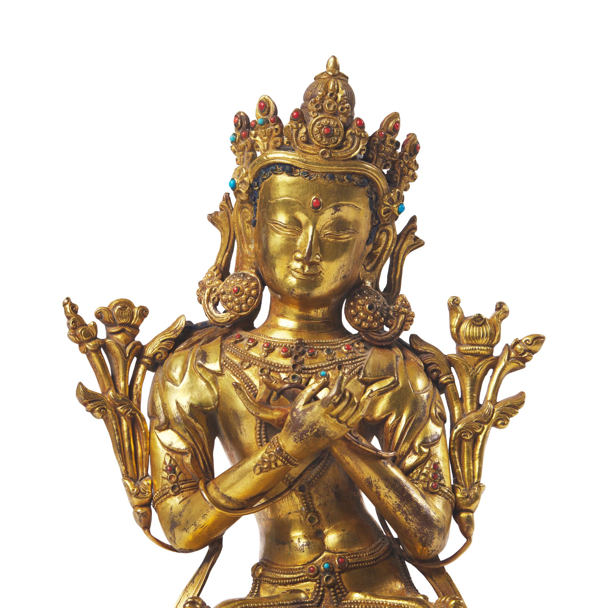 A Sino-Tibetan Gilt Bronze Figure of Avalokiteshvara, 19th/20th Century 十九/二十世紀 藏傳 銅 鎏金菩薩