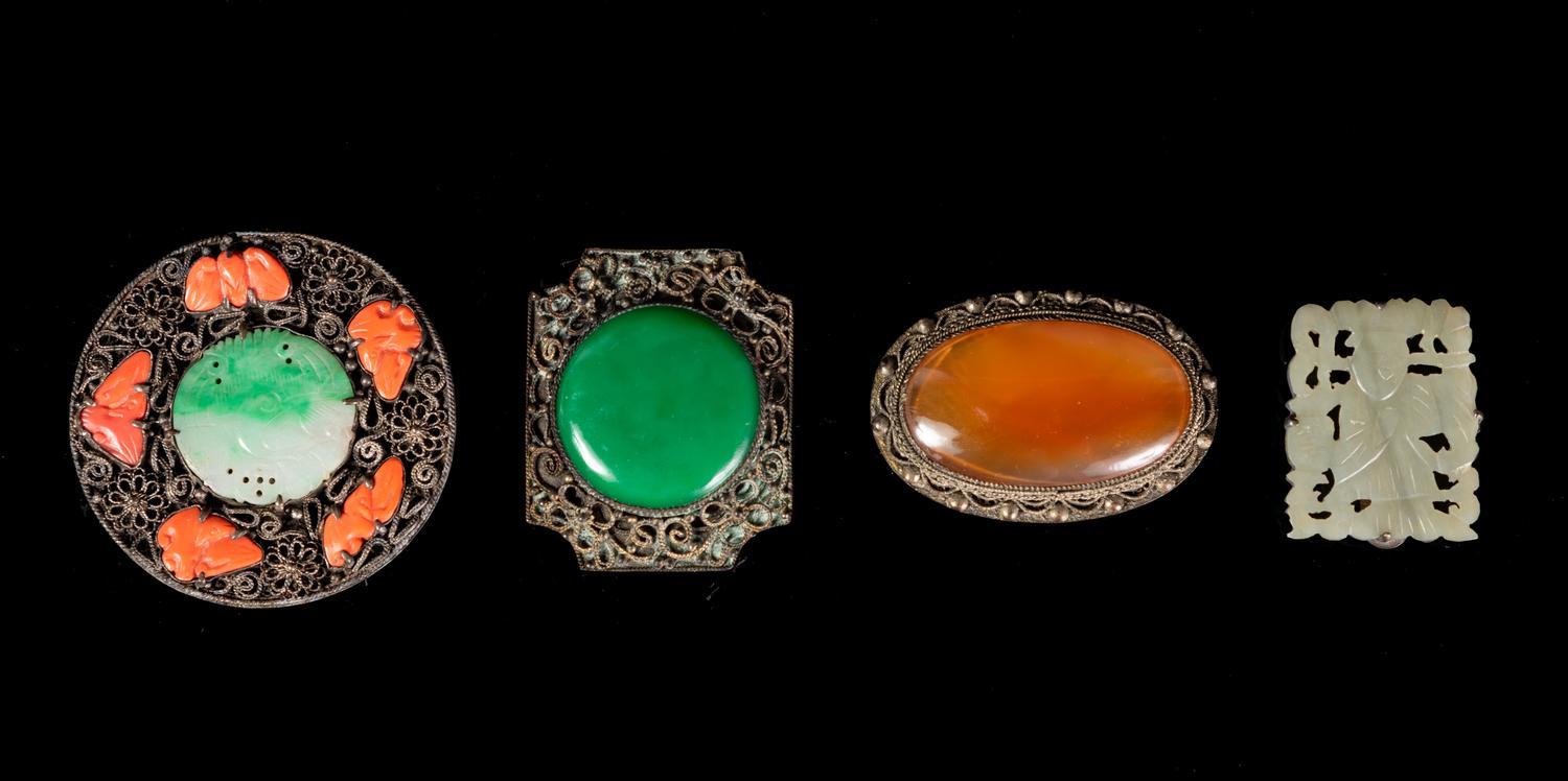 Four Chinese Hardstone Inset Silver Tie Clips