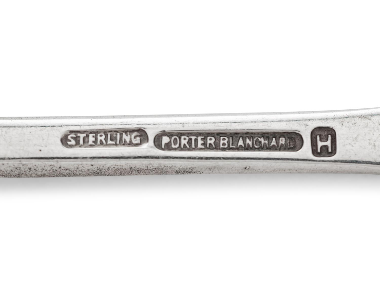 in the Chino pattern, comprising: 12 dinner knives with stainless steel blades 1 butter spreader 12 dinner forks 12 salad forks 1 meat fork 12 fish forks 12 teaspoons 12 fruit spoons 4 serving spoons 6 tablespoons 12 iced tea spoons 1 jelly spoon 2 ladles 1 cake server 1 carving set 102 pieces total.