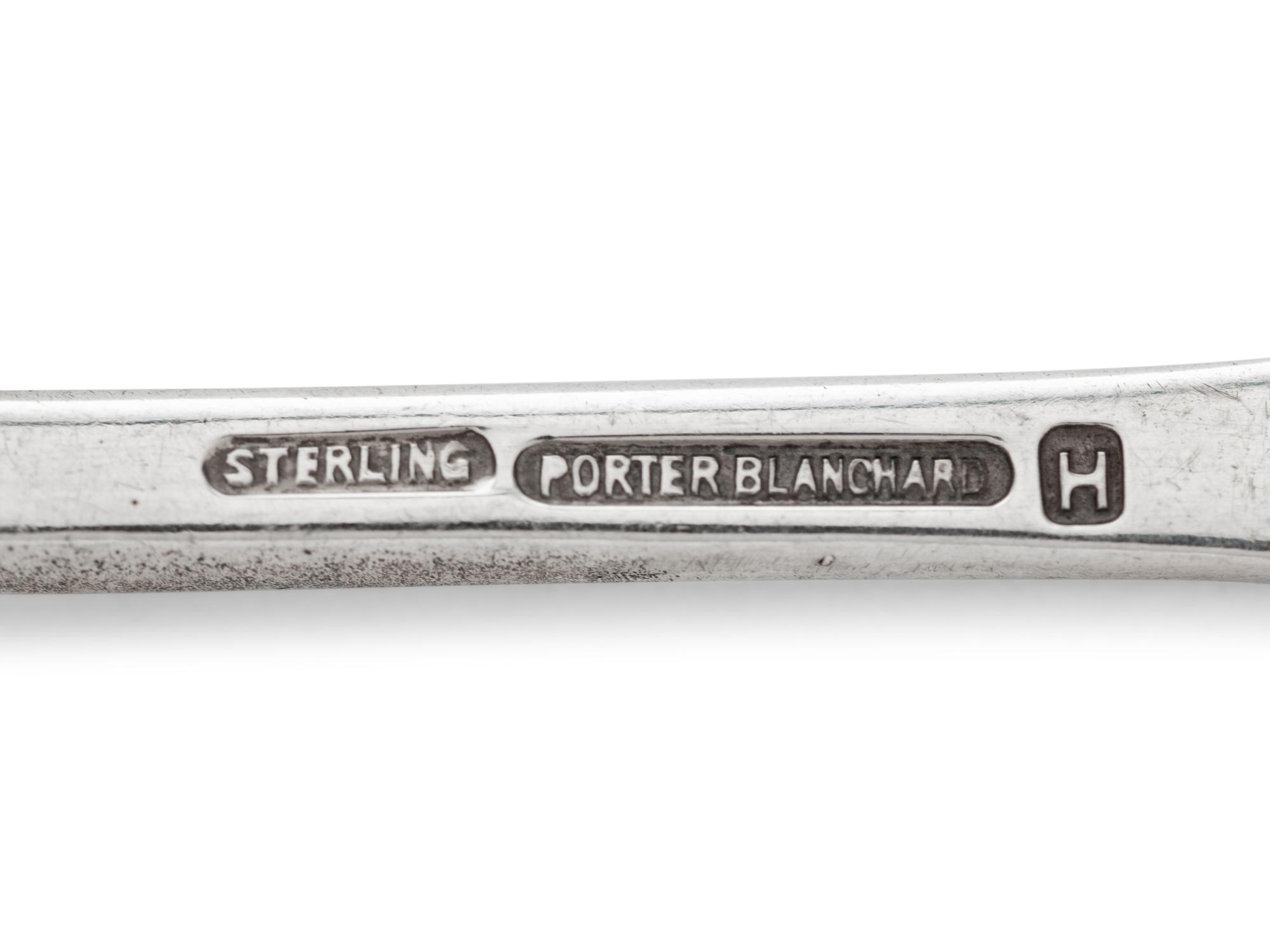 in the Chino pattern, comprising: 12 dinner knives with stainless steel blades 1 butter spreader 12 dinner forks 12 salad forks 1 meat fork 12 fish forks 12 teaspoons 12 fruit spoons 4 serving spoons 6 tablespoons 12 iced tea spoons 1 jelly spoon 2 ladles 1 cake server 1 carving set 102 pieces total.
