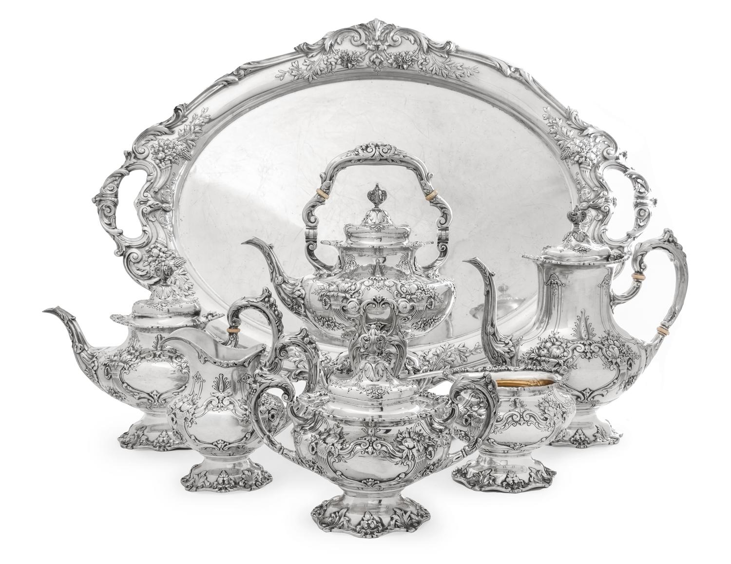 An American Silver Tea and Coffee Service, Reed and Barton, Taunton, MA, Francis I pattern, comprising a tea pot, a coffee pot, a kettl