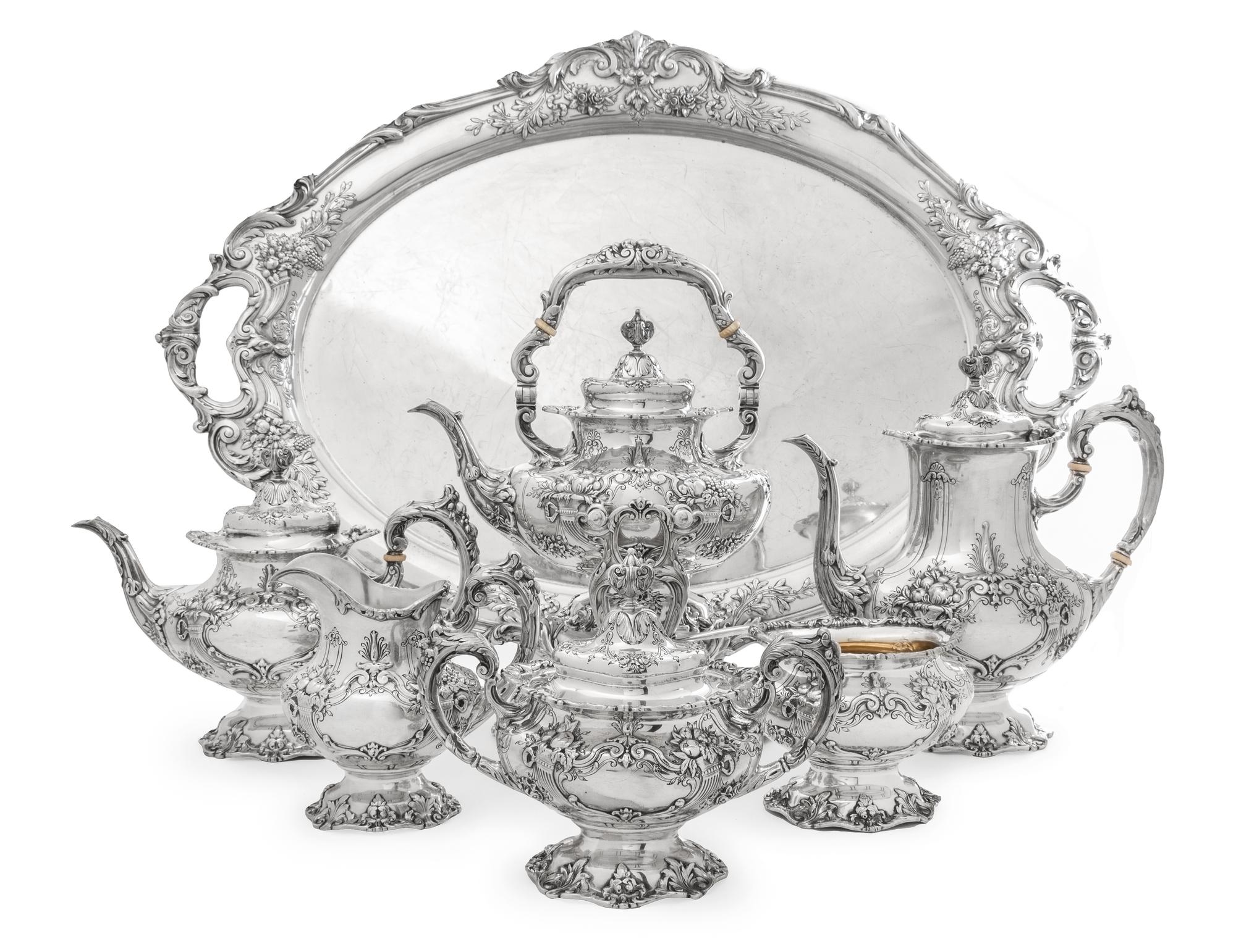An American Silver Tea and Coffee Service, Reed and Barton, Taunton, MA, Francis I pattern, comprising a tea pot, a coffee pot, a kettl