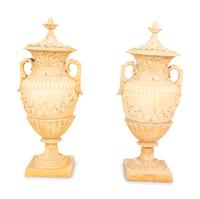 A Pair of Cast Terra Cotta Covered Garden Urns on Painted Wood Pedestals